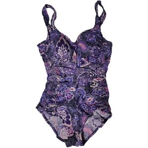 Vintage Maxine of Hollywood One Piece Swimsuit Purple Pink Silver Ruched Size 12